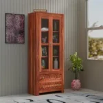 Sheesham Wood Bookshelf with Glass Door for Home Library Solid Wood Bookcase Wooden Crockery Cabinet for Kitchen Book Shelf (Natural Finish)