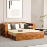Solid Sheesham Wooden Sofa Cums Bed with Mattresses for Living Room|Rosewood 3-Person Sofa Cums Bed for Bedroom Without Pillow (I-Natural, 3 Seater)