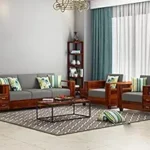 Tulsi Art WOODTREND Solid Sheesham Wood Sofa Set 5 Seater Furniture, Wooden 5 Seater Sofa Set, 3+1+1, Teak Wood Sofa Set Furniture Home Living Room with Cushions (Honey Finish) - Beige