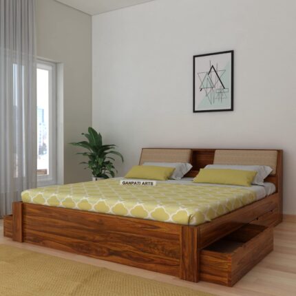 Solid Sheesham Wood Queen Size Bed with Storage