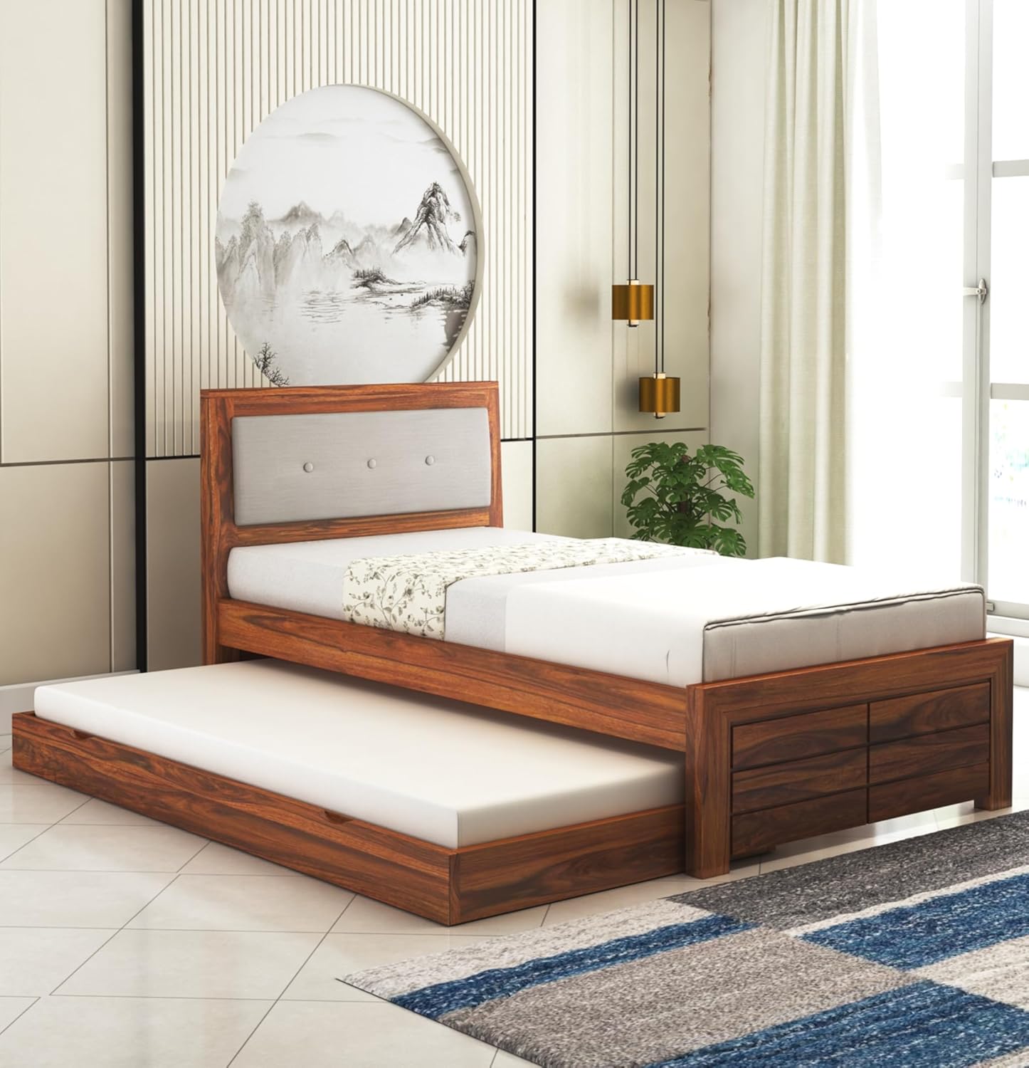 81gr0PWH04L._SL1500_.jpg Ganpati Arts Sheesham Wood Single Size Trundle Bed with Pull Out Bed - Image 1