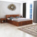 Solid Sheesham Wood Queen Size Bed with Storage | Honey Finish