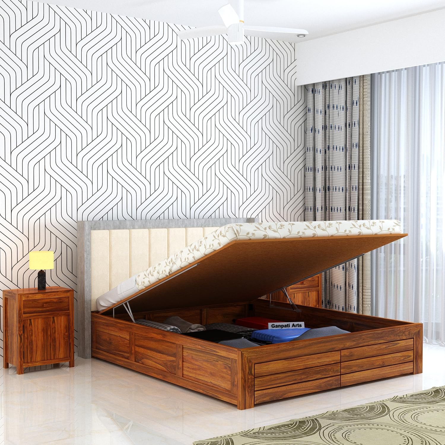 81rUBVKEKIL._SL1500_.jpg Solid Sheesham Wood Hynes King Size Bed with Hydraulic Box Storage and Upholstered Headboard - Image 1