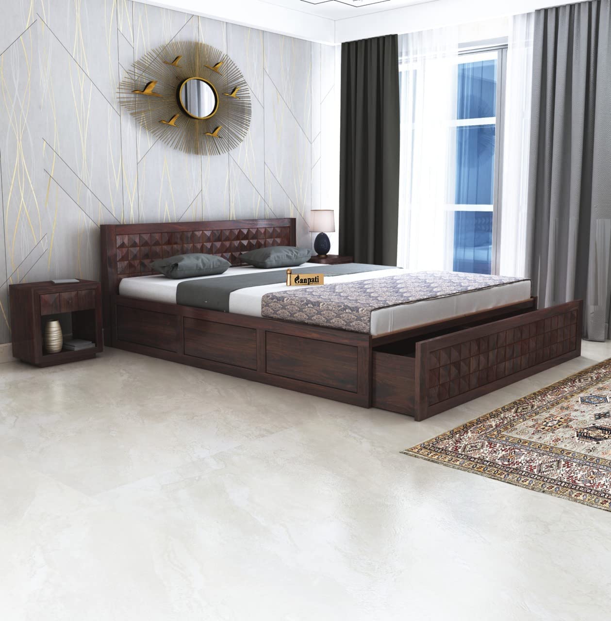 71f-kSALJuL._SL1280_.jpg Premium Wooden King Size Bed with Half Box | Ganpati Arts - Image 1
