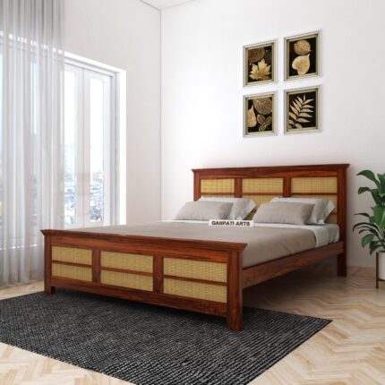 Ganpati Arts solid sheesham wood queen size bed with headboard