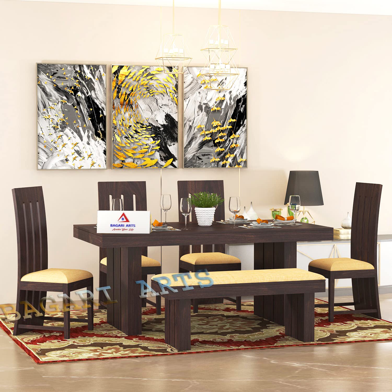 818-xUZGgxL._SL1500_.jpg Wooden Solid Sheesham Wood 6 Seater Dining Table - Image 1