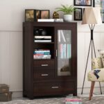 Wooden book shelf with glass door and drawers