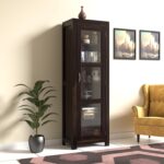Wood bookshelf with glass door in walnut finish