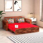 Solid wood sofa cum bed with storage for living room