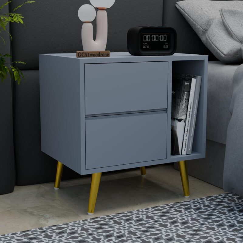 Wooden bedside table with drawers and shelf