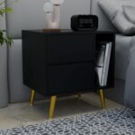 Wooden Bedside Table for Bedroom | Modern Bed Side Nightstand with 2 Drawers & Shelf Storage | Lamp Table for Living Room, Home & Hotels | HDMR Wood with Iron Legs | Black (Set of 2)
