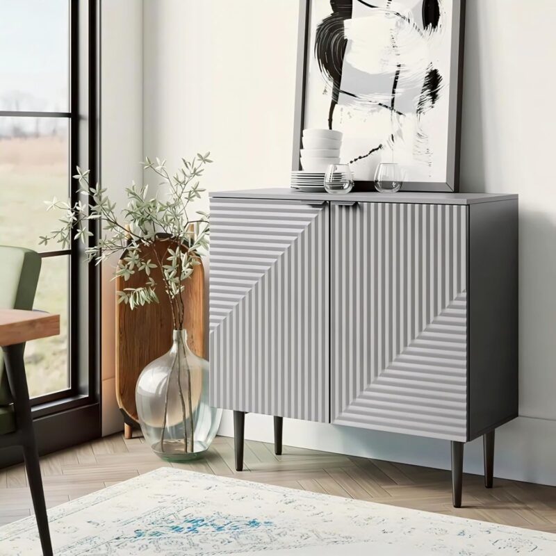Prism Pattern Wooden Sideboard Cabinet with Metal Legs