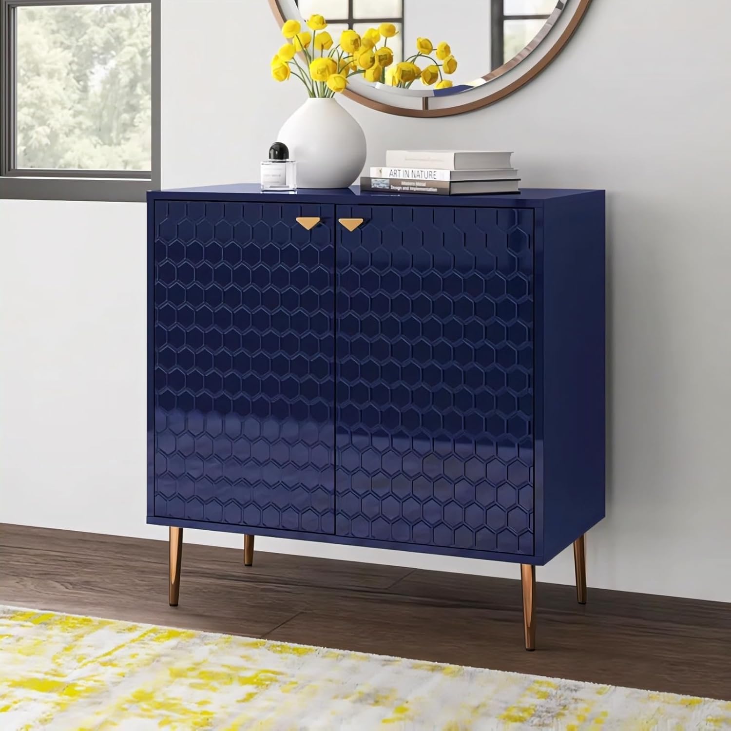 71xgWLfCyKL._SL1500_.jpg Hexagon Pattern Wooden Sideboard Cabinet | 2 Door Storage Unit with Metal Legs | Premium HDMR Wood Console Cabinet for Living Room, Kitchen & Dining | DIY Leg Assembly | Blue - Image 1