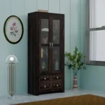 Wood Bookshelf with Glass Door Walnut Finish