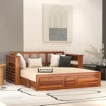 Solid Sheesham Wooden Sofa Cums Bed with Mattresses for Living Room|Rosewood 3-Person Sofa Cums Bed for Bedroom Without Pillow (J-Natural, 3 Seater)