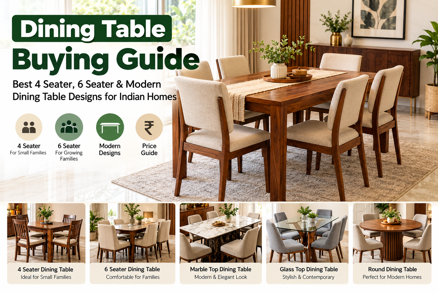 Modern dining table designs featuring 4 seater, 6 seater, marble top, glass top and round dining tables